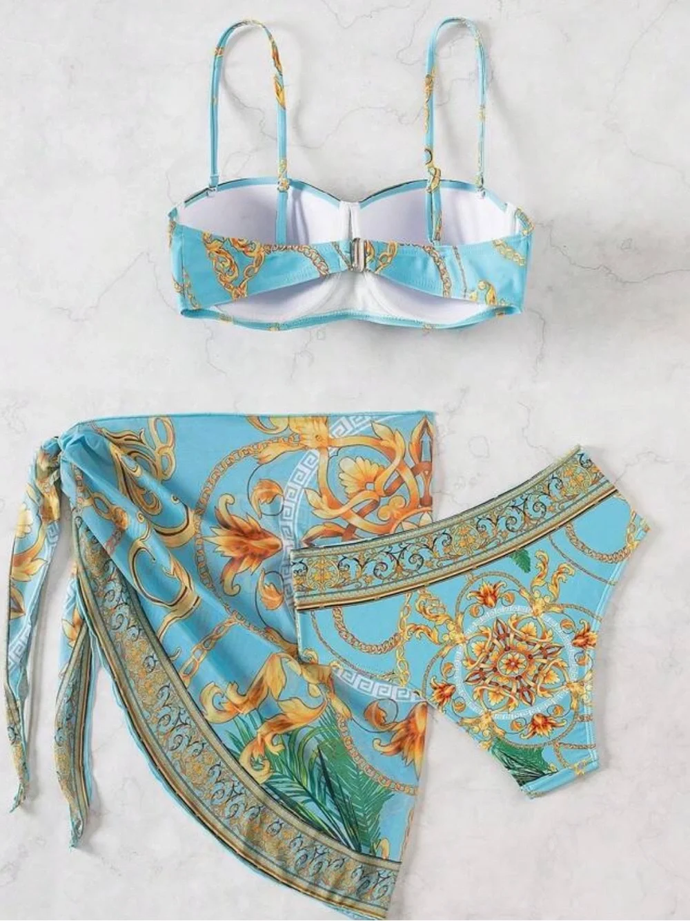 Women's Blue and Gold Printed Bikini Set with Sarong Cover-Up